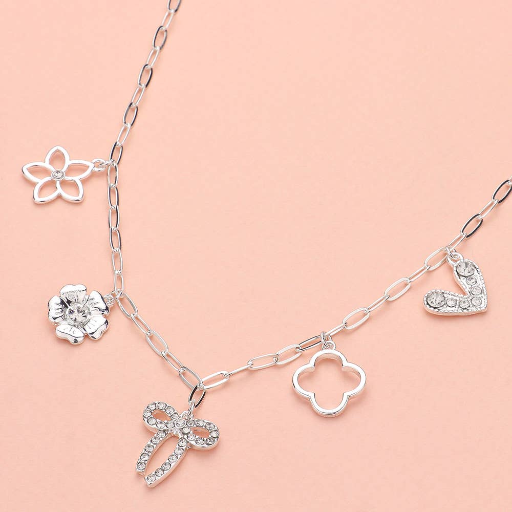 Lennox Rhinestone Bow Charm Silver Necklace
