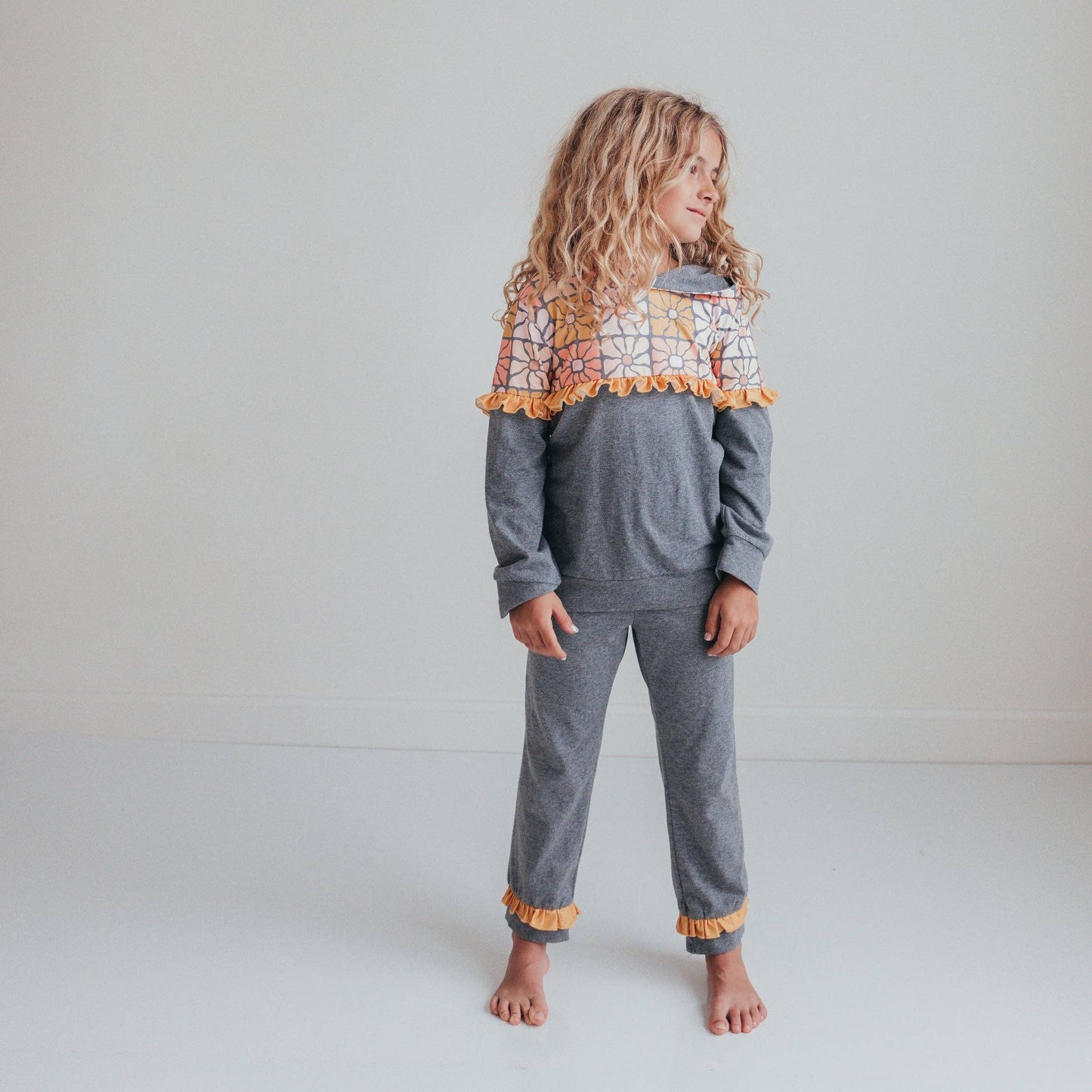 Girls Ruffle Flower Hoodie Pant Set