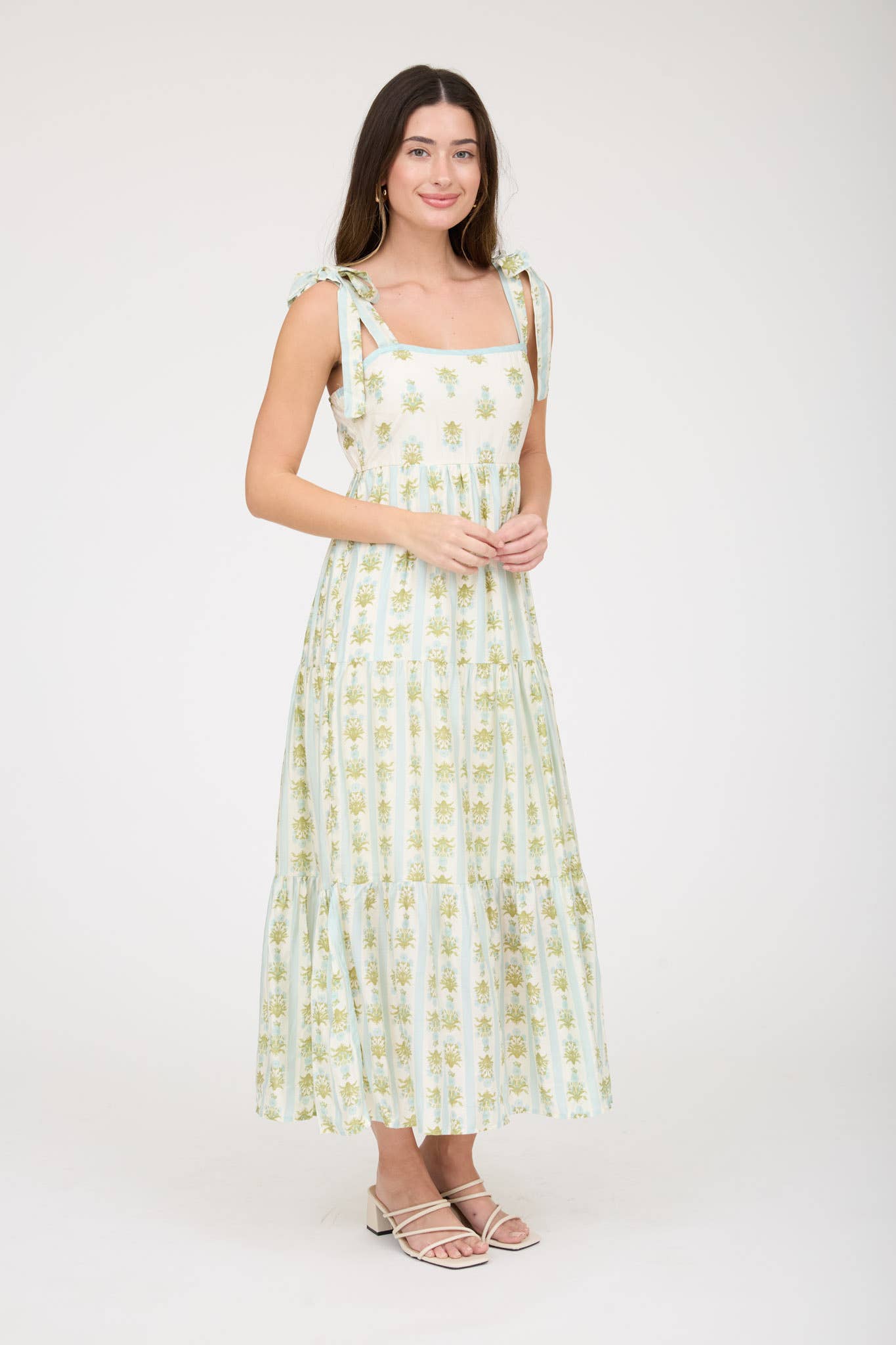 Fenrin Floral Stripe Tiered Midi Blue Dress