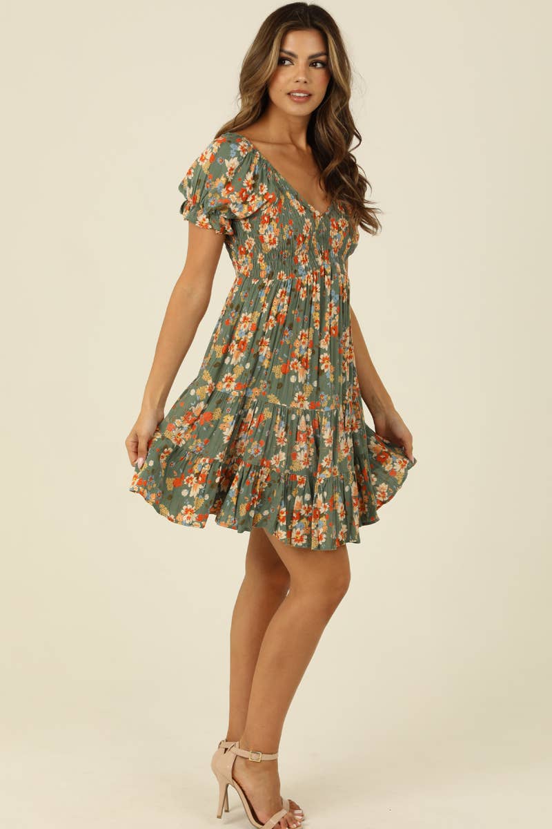 Mirella Sage & Orange Floral Tiered Dress