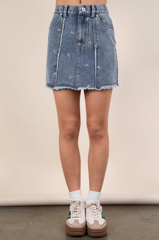 Posey Bow Embellished MW Jean Skirt