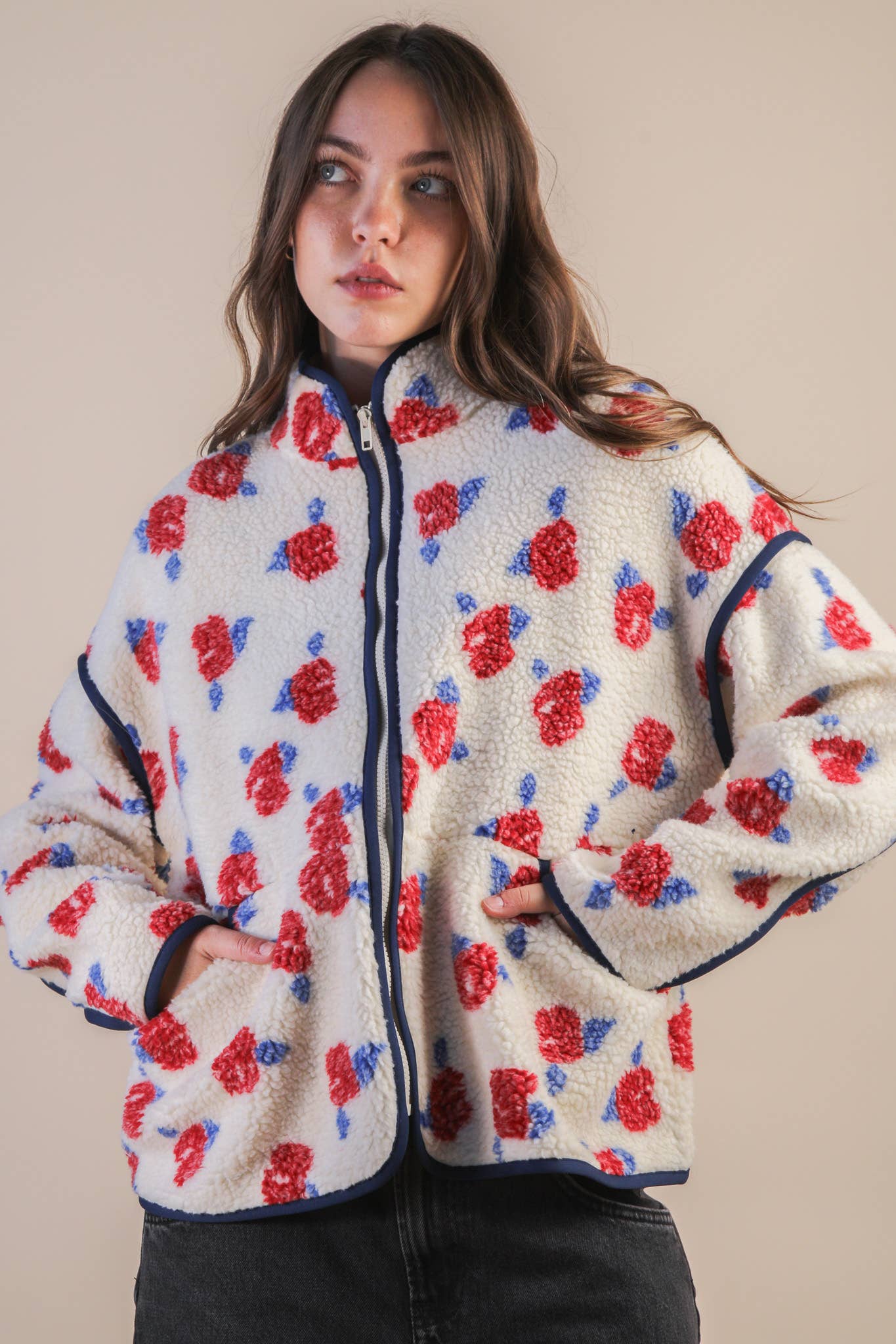 Danielle Floral Sherpa Ivory & Red Jacket