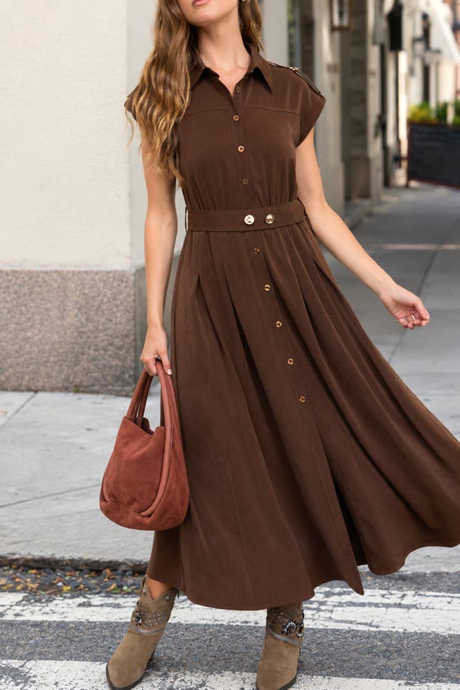 Nelle Belted Buttondown Brown Midi Dress
