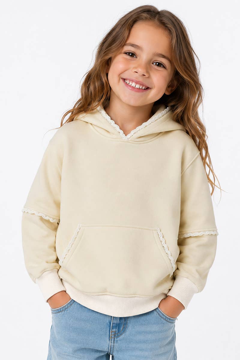 Girls Scalloped Beige Hoodie