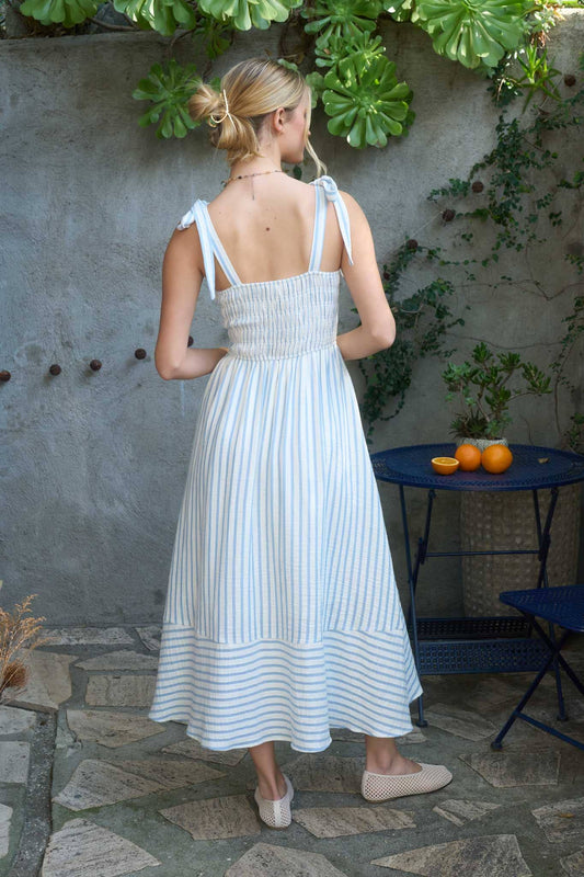 Lume Striped Smocked Midi Blue Dress