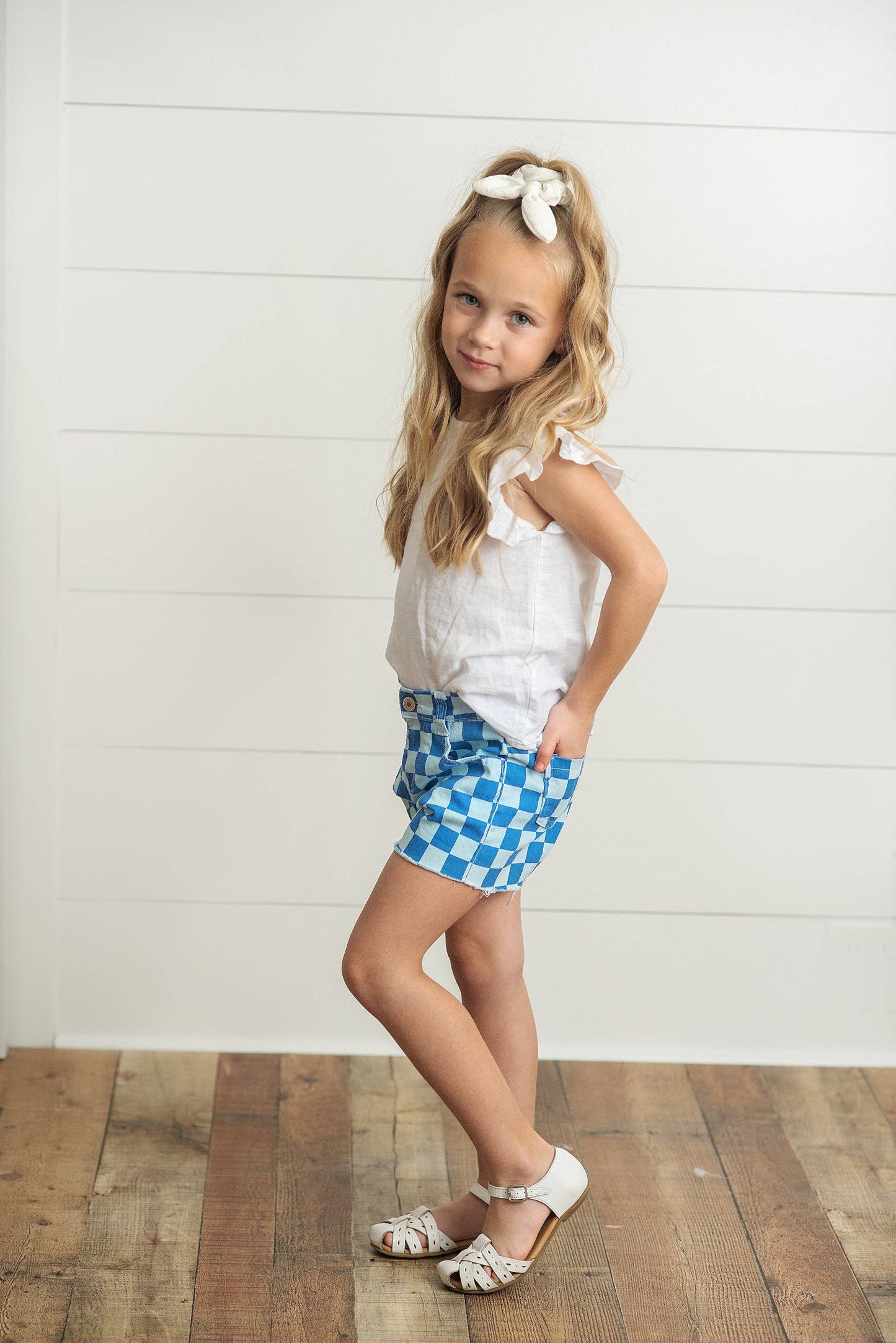 Girls Checkered Denim Blue Shorts