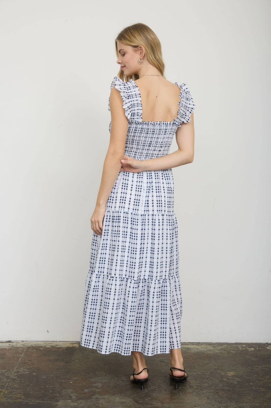 Honey Plaid Smocked Midi Navy Dress
