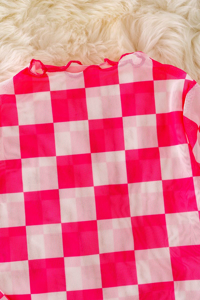 Girls Mesh Hot Pink Checkered Top