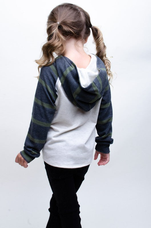 **SALE!** Girls Black & Olive Stripe Sleeve Hoodie