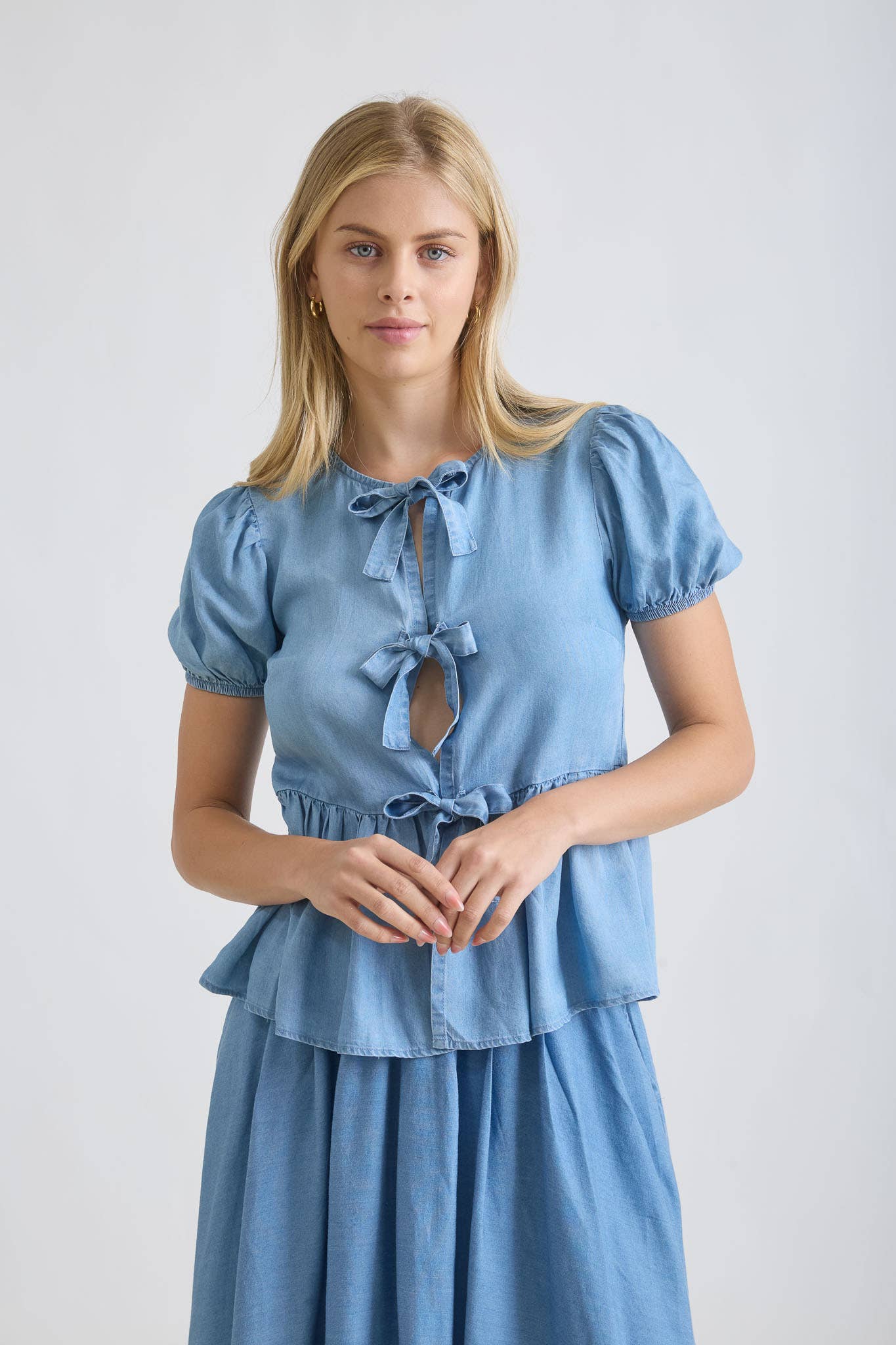 Mavis Chambray Bow Peplum Blouse