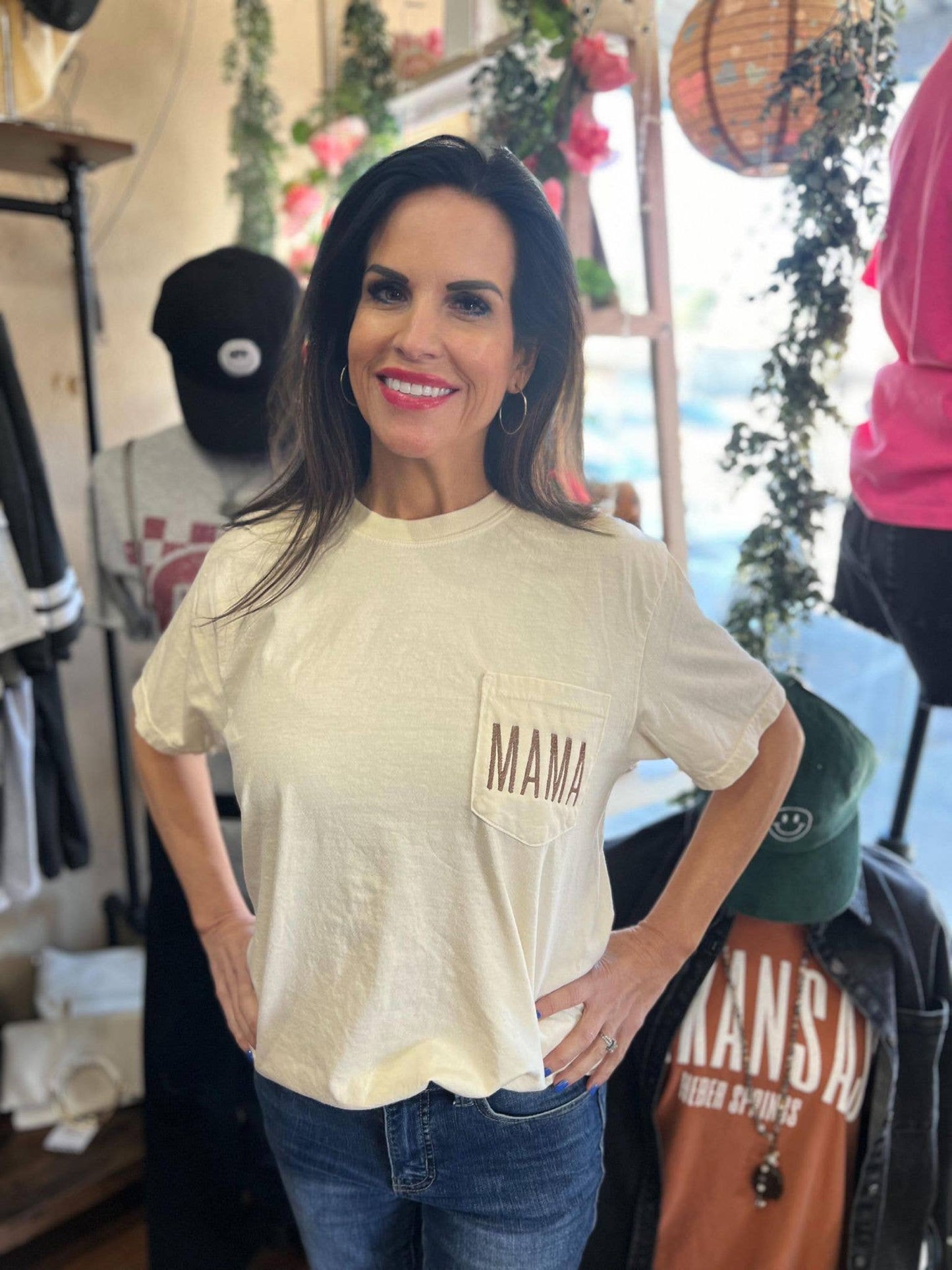 Embroidered Mama Ivory Pocket Tee