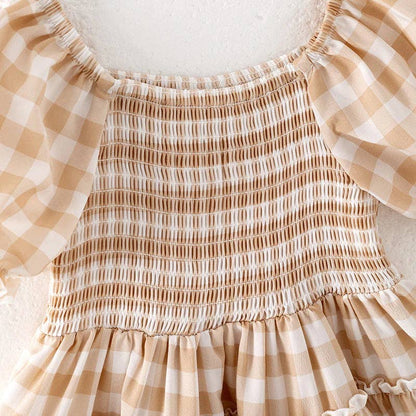 Girls Gingham Chiffon Tan Dress