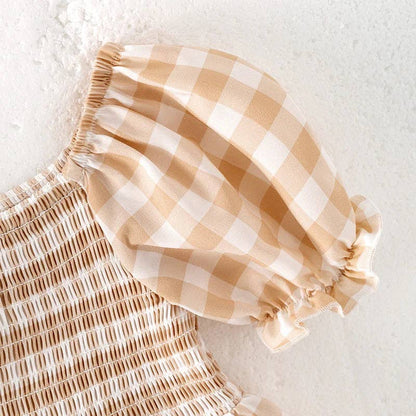 Girls Gingham Chiffon Tan Dress