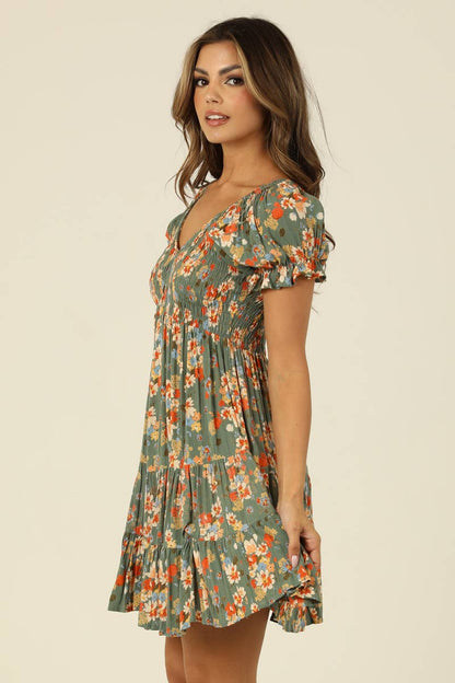 Mirella Sage & Orange Floral Tiered Dress