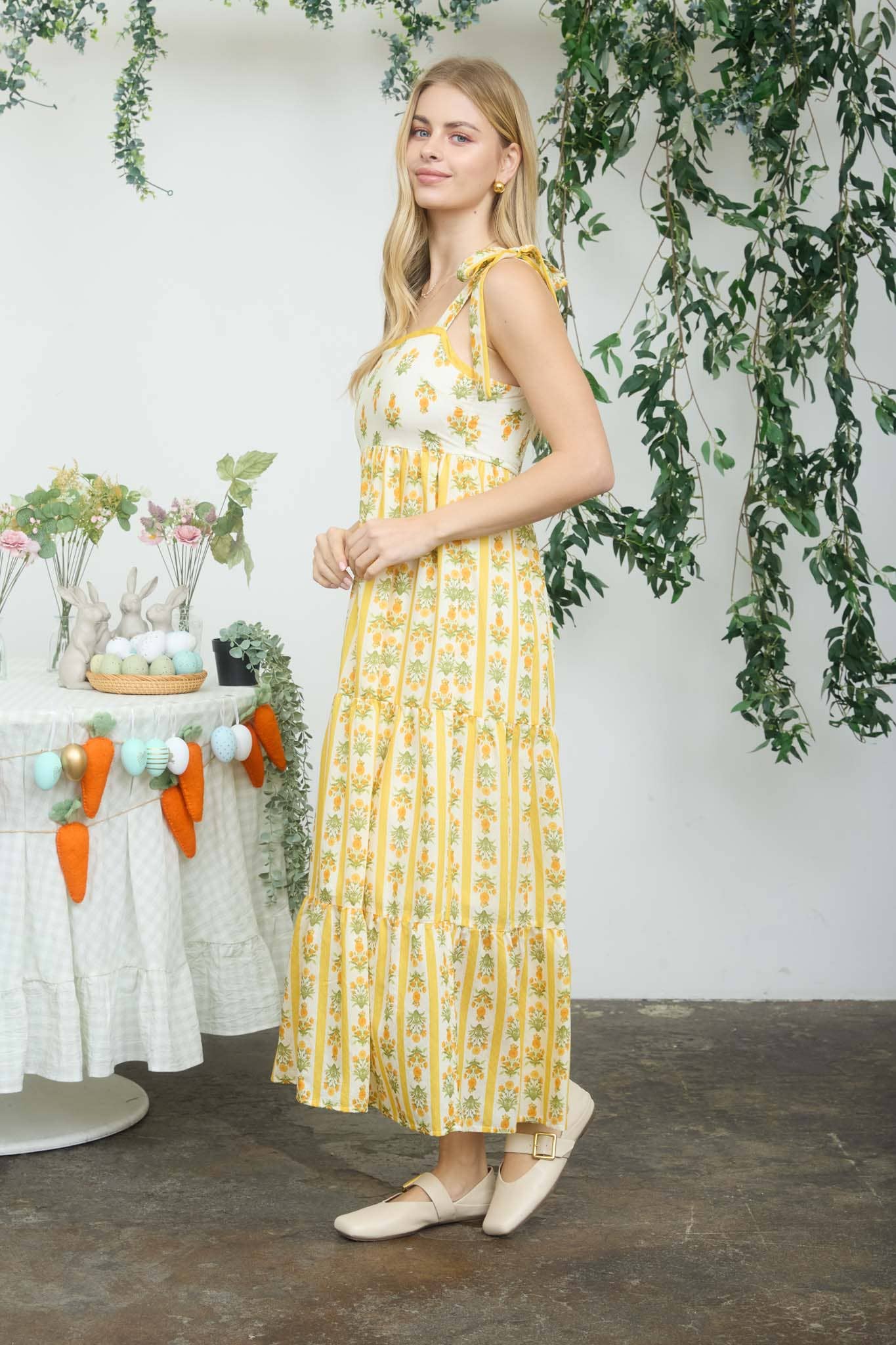 Fenrin Floral Stripe Tiered Midi Yellow Dress