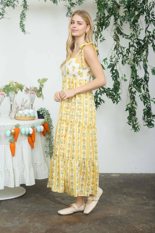 Fenrin Floral Stripe Tiered Midi Yellow Dress