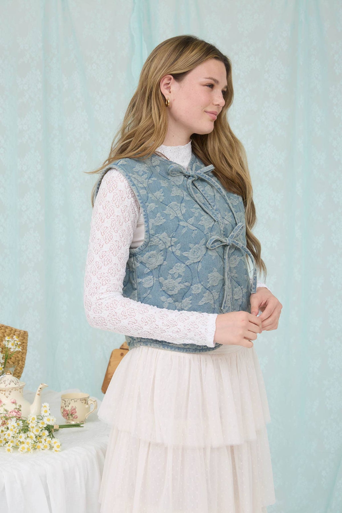 Rose Pattern Tie Denim Vest