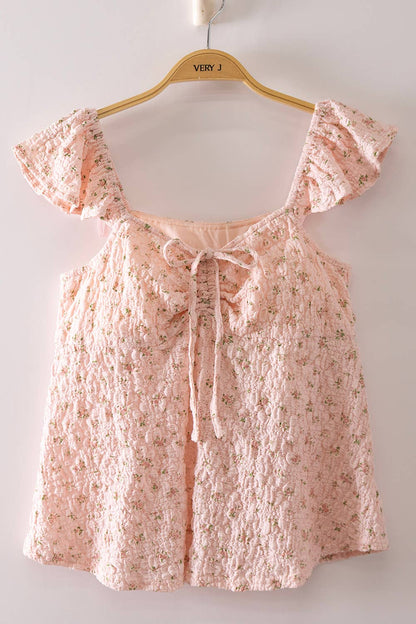 Jillian Textured Floral Flutter Sleeve Blouse