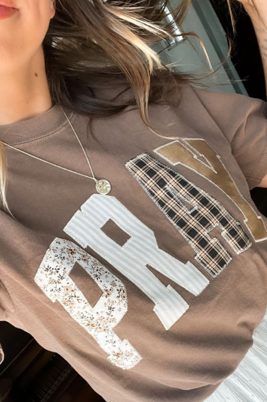 Pray Embroidered Patchwork Brown Tee
