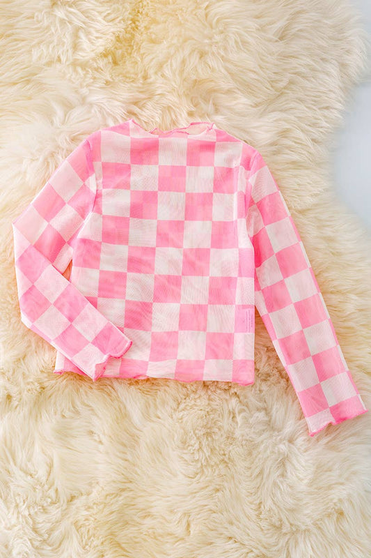 Girls Mesh Light Pink Checkered Top