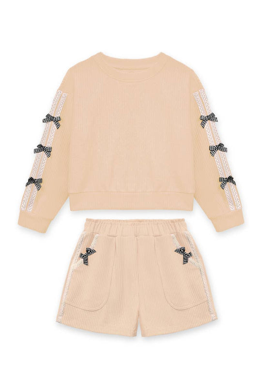Girls Bow Striped Short Beige Set