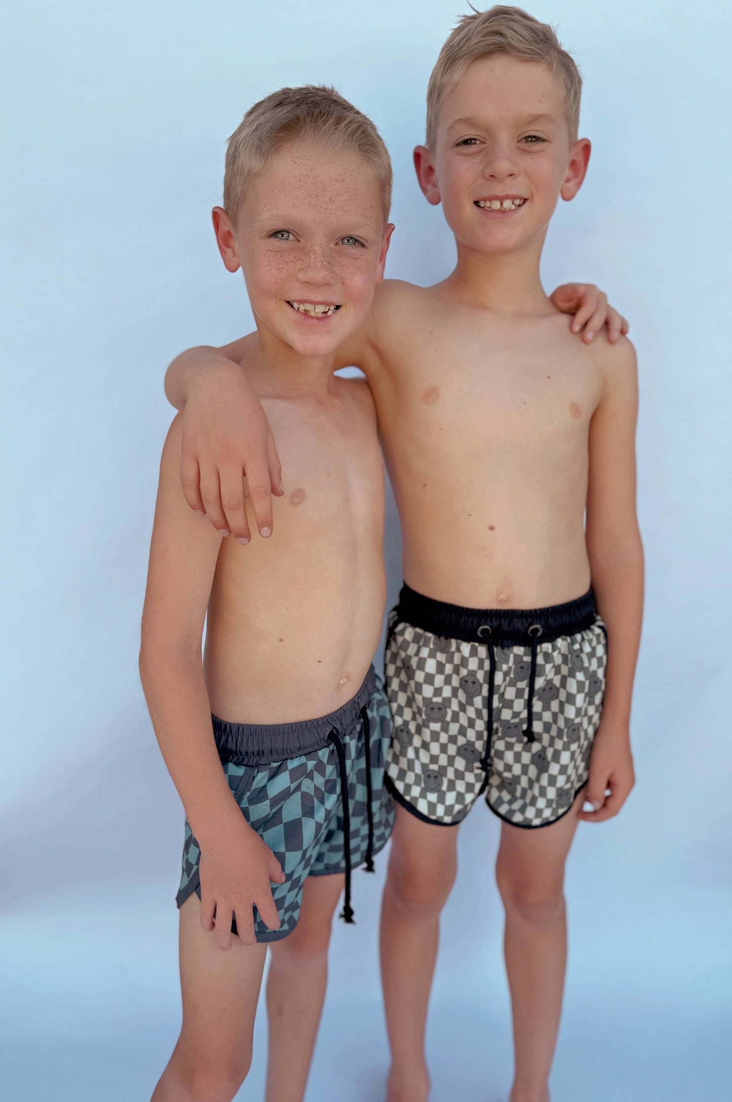 Boys Blue Wavy Checkered Swim Trunks