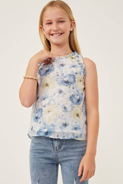 Girls Sheer Watercolor Floral Sleeveless Blouse
