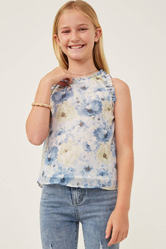 Girls Sheer Watercolor Floral Sleeveless Blouse