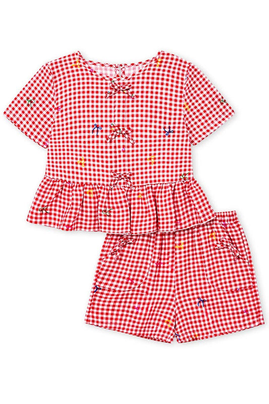 Girls Gingham Short Red Set