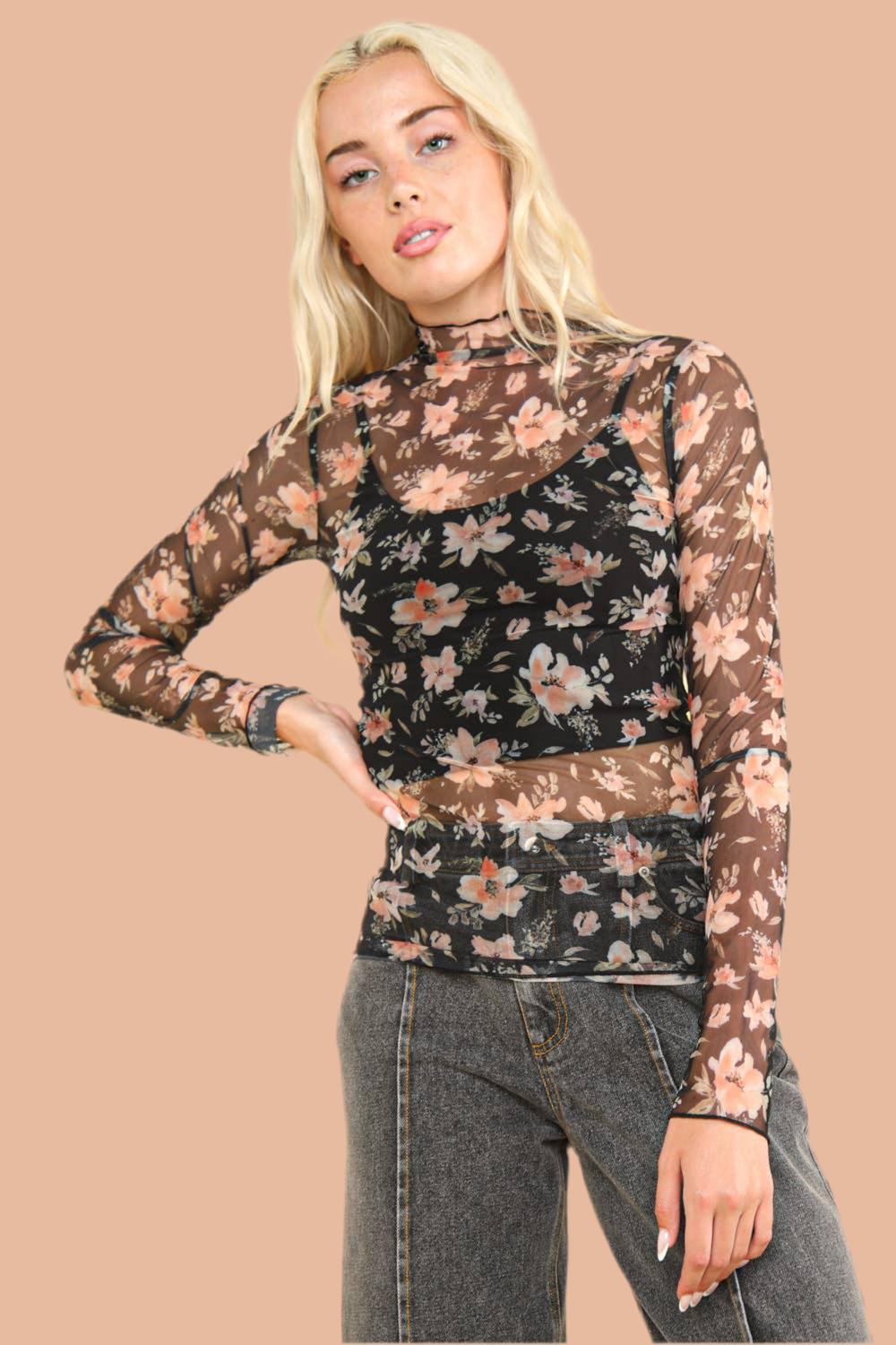 Willamina Black Floral Mesh Top