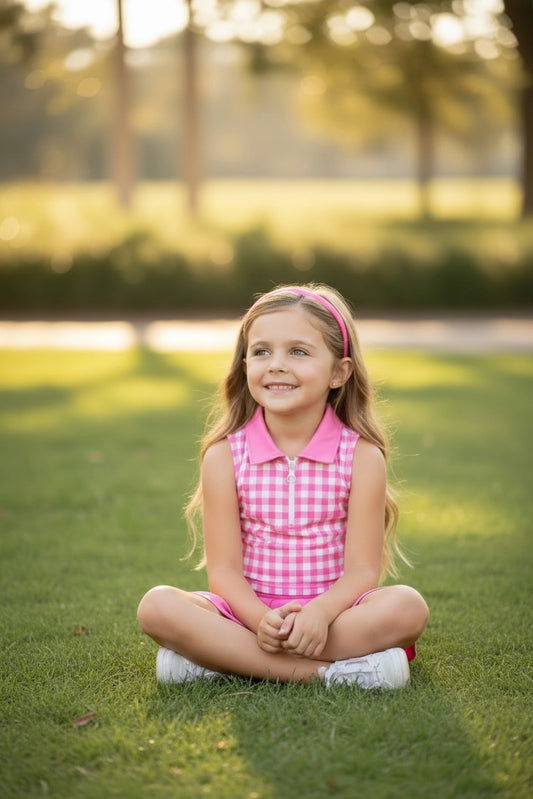 Girls Gingham Pink Tennis Skirt Set