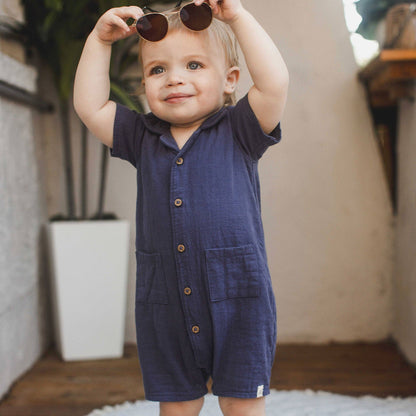 Baby Boys Burt's Bees Gauze Collared Navy Romper