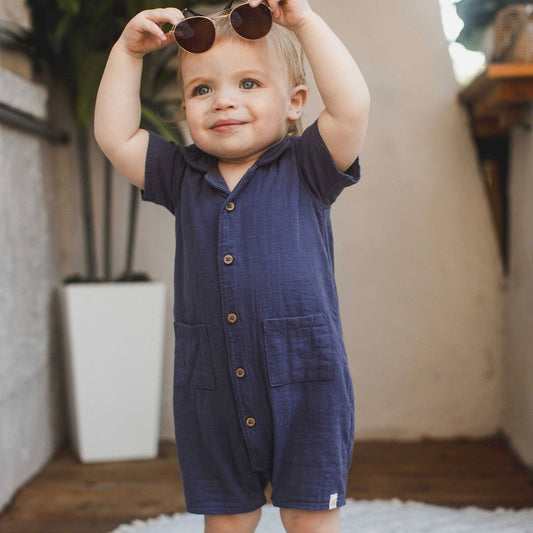 Baby Boys Burt's Bees Gauze Collared Navy Romper