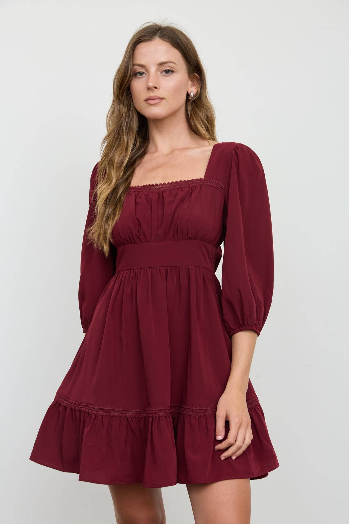 Theda Balloon 3/4 Sleeve Maroon Mini Dress