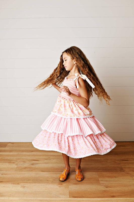 Girls Anna Gingham Daisy Pink & Orange Smocked Tiered Dress