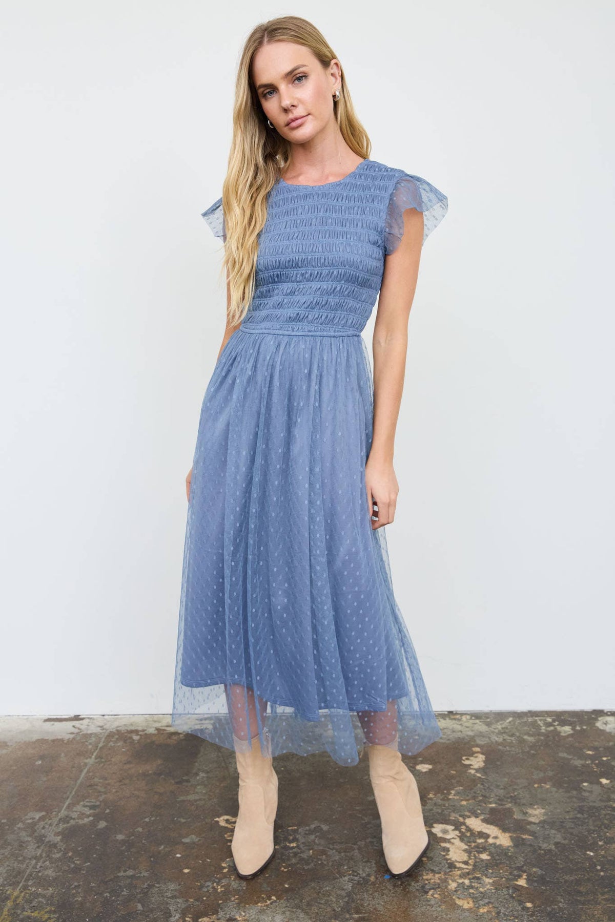 Amarena Swiss Dot Blue Midi Dress