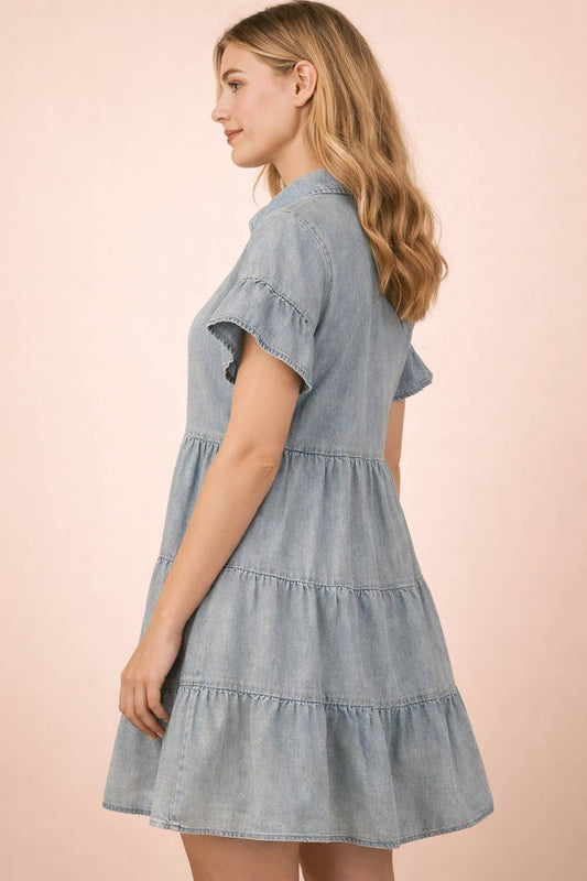 Vallie Chambray Tiered Mini LW Dress