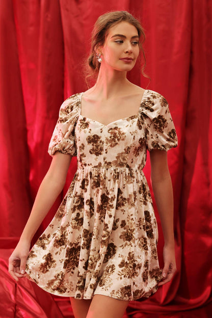 Velvet Floral Puff Sleeve Dress