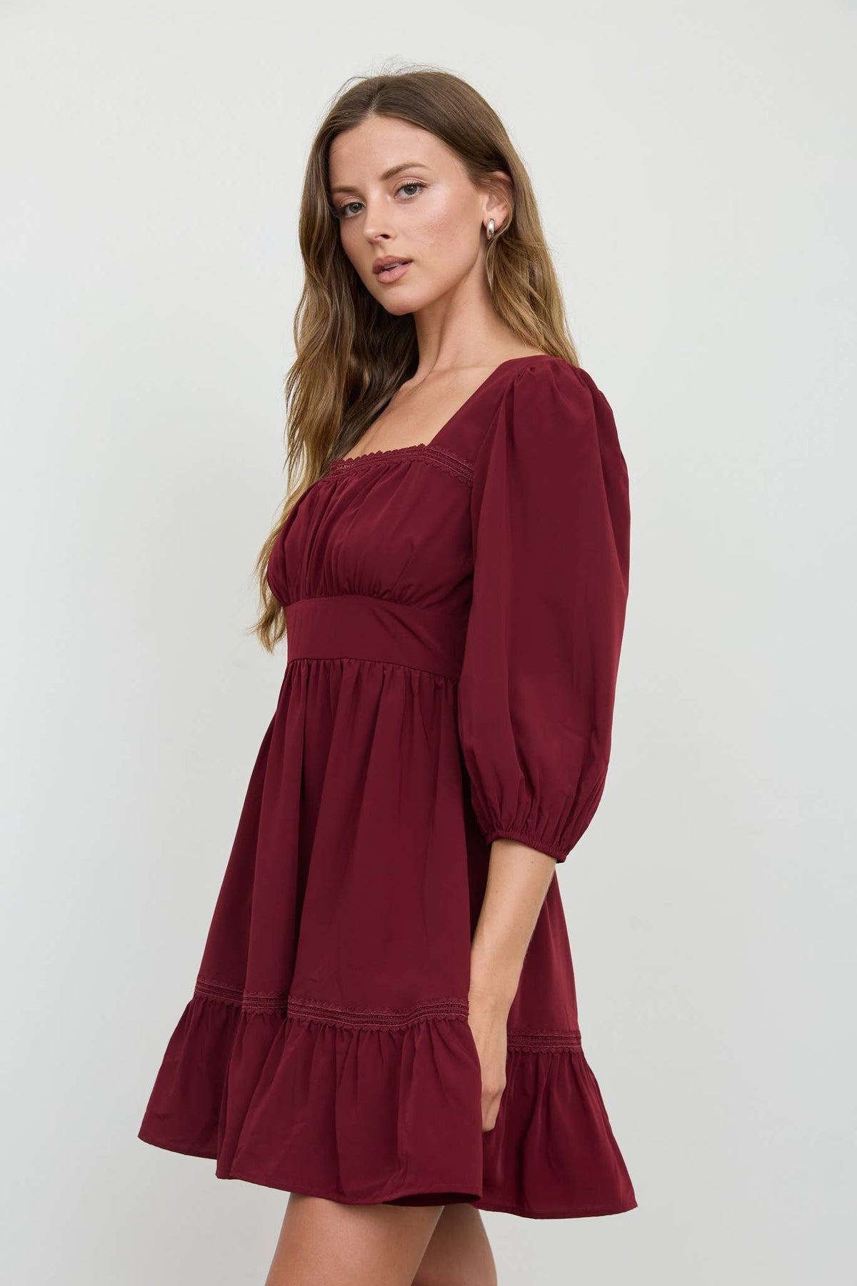 Theda Balloon 3/4 Sleeve Maroon Mini Dress