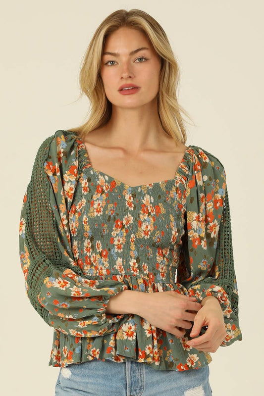 Mirella Sage & Orange Floral Smocked Blouse