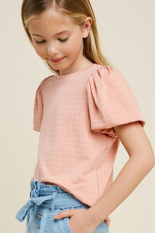 Girls Peach Grid Bubble Sleeve Top