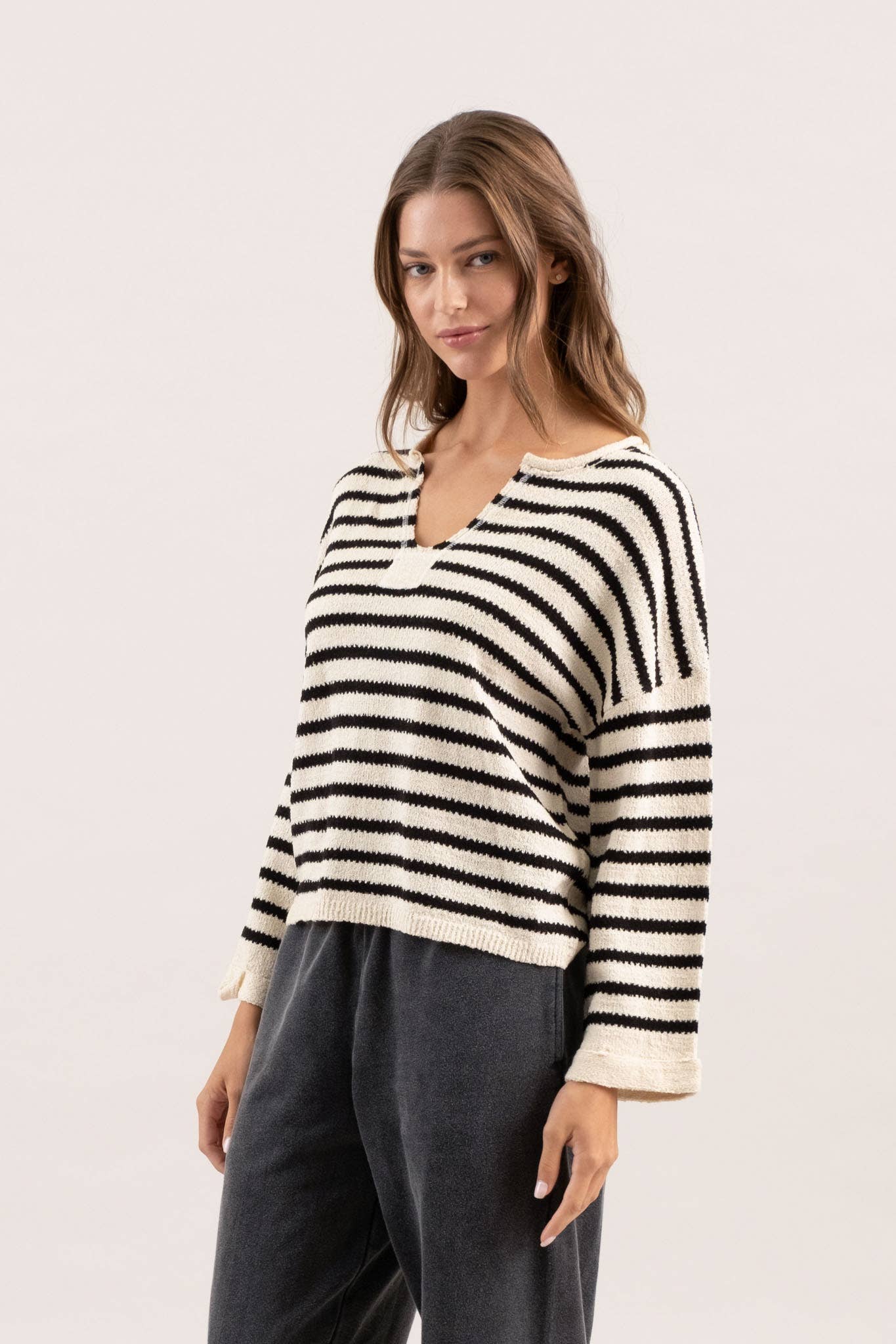 Versailles Striped Split Neckline Sweater