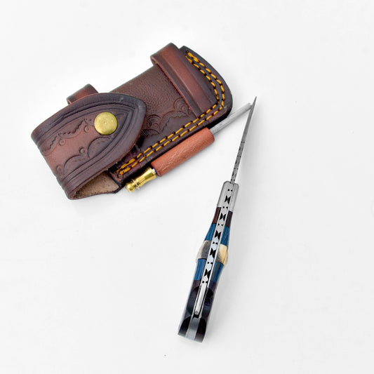 Titan Walnut & Blue Folding Knife with Leather Sheath & Sharpening Steel