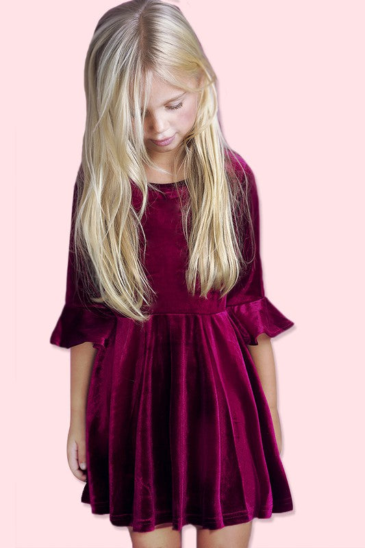 Girls Velvet Ruffle Sleeve Dress