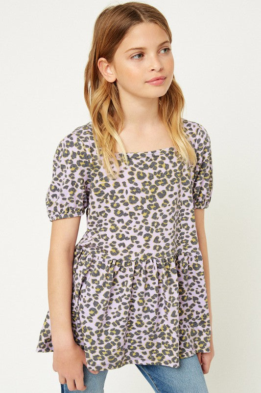 Girls Lavendar Leopard Peplum Top