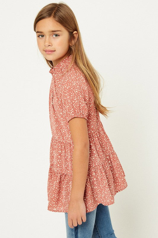 Girls Dainty Floral Print Tiered Blouse