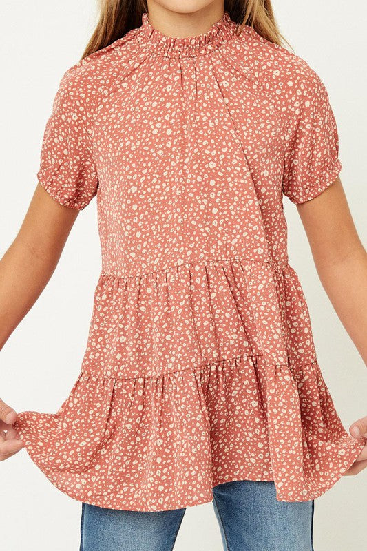 Girls Dainty Floral Print Tiered Blouse