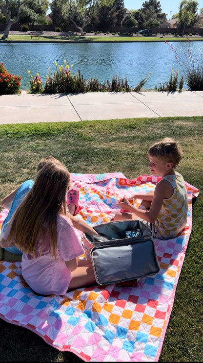 Girls Happy Flower Checkered Picnic Blanket