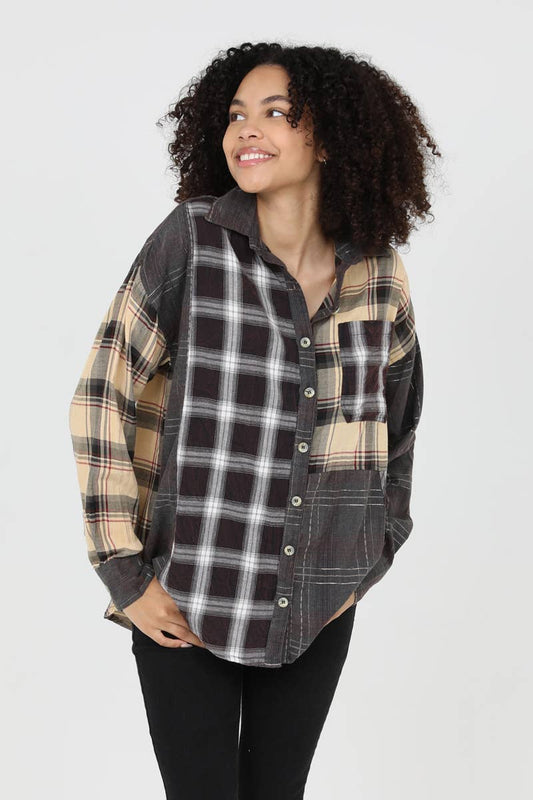 Mixed Plaid Charcoal Buttondown