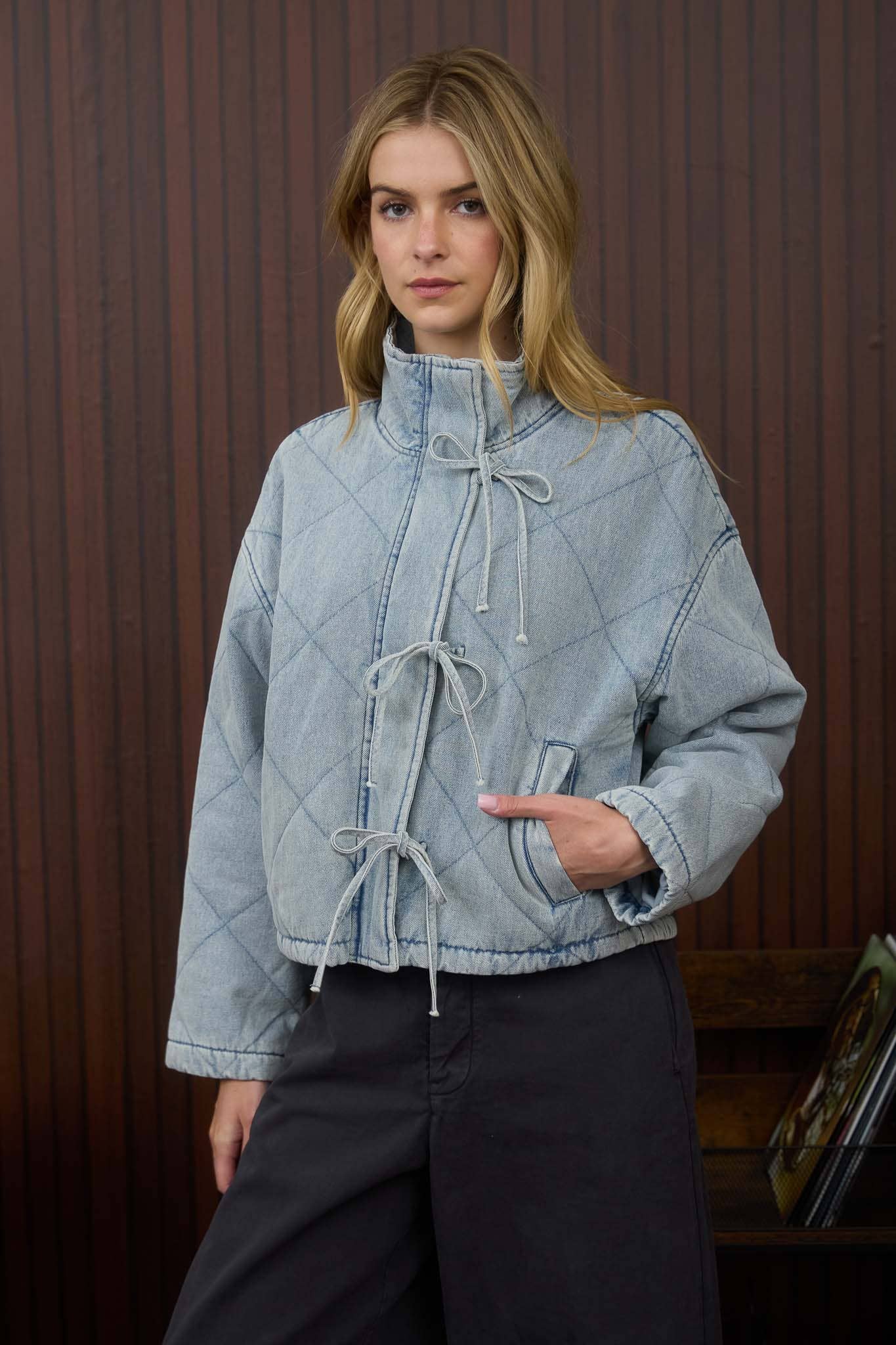 Terry Quilted Denim Bow Jacket